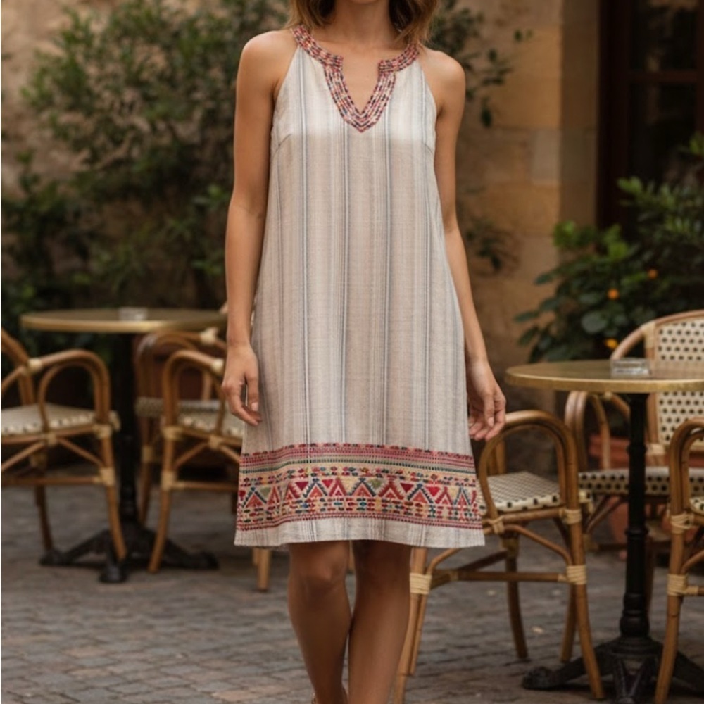 Savanna Jane Embroidered Striped Sleeveless Dress Sz Large L Split Neck #93895